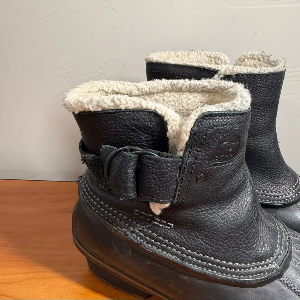 SOREL‎ Winter Fancy Ankle Rain Snow Buckle Duck Boots Black Leather Slip On 8.5